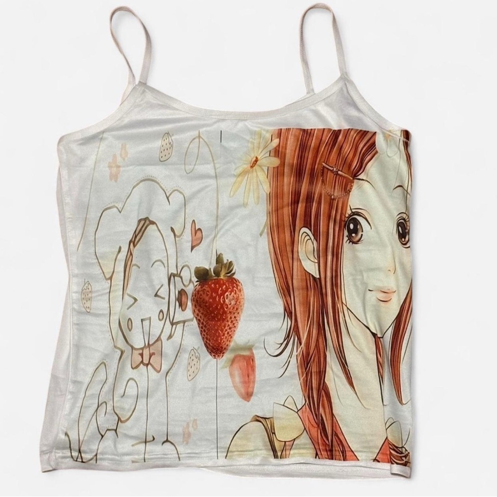 Cute kawaii Nana White Anime Graphic Tank Top with strawberry design